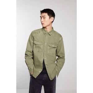 Zara Men's Distressed Olive Green Ripped Denim Overshirt XL